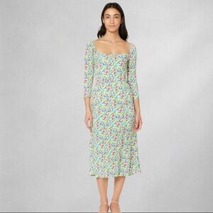 The Native One Dress M Floral Lemons Midi Square Neck Long Sleeve Smocked Back